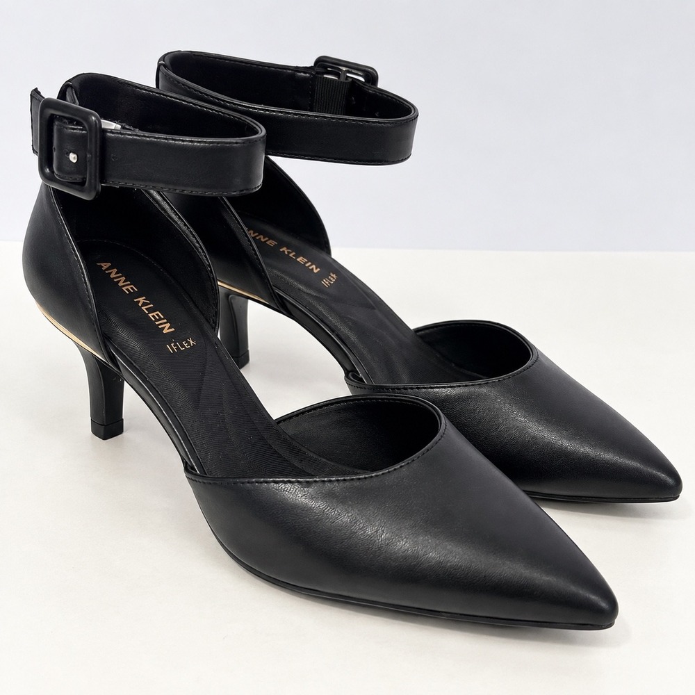 Anne Klein iFlex Black Pointed Toe Ankle Strap Pumps Gold Trim Kitten Heel 7.5M